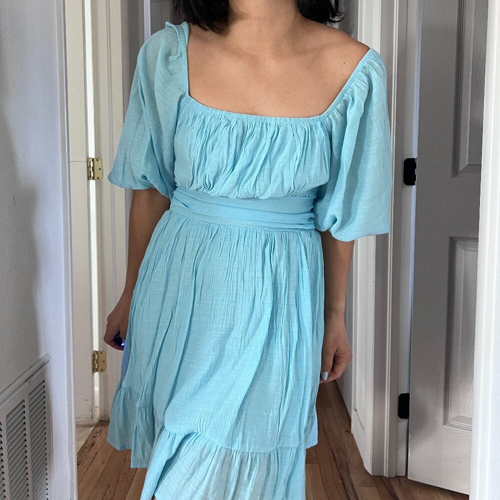 puff sleeve open back mini dress light blue princess costume summer vacation Med - Picture 4 of 15